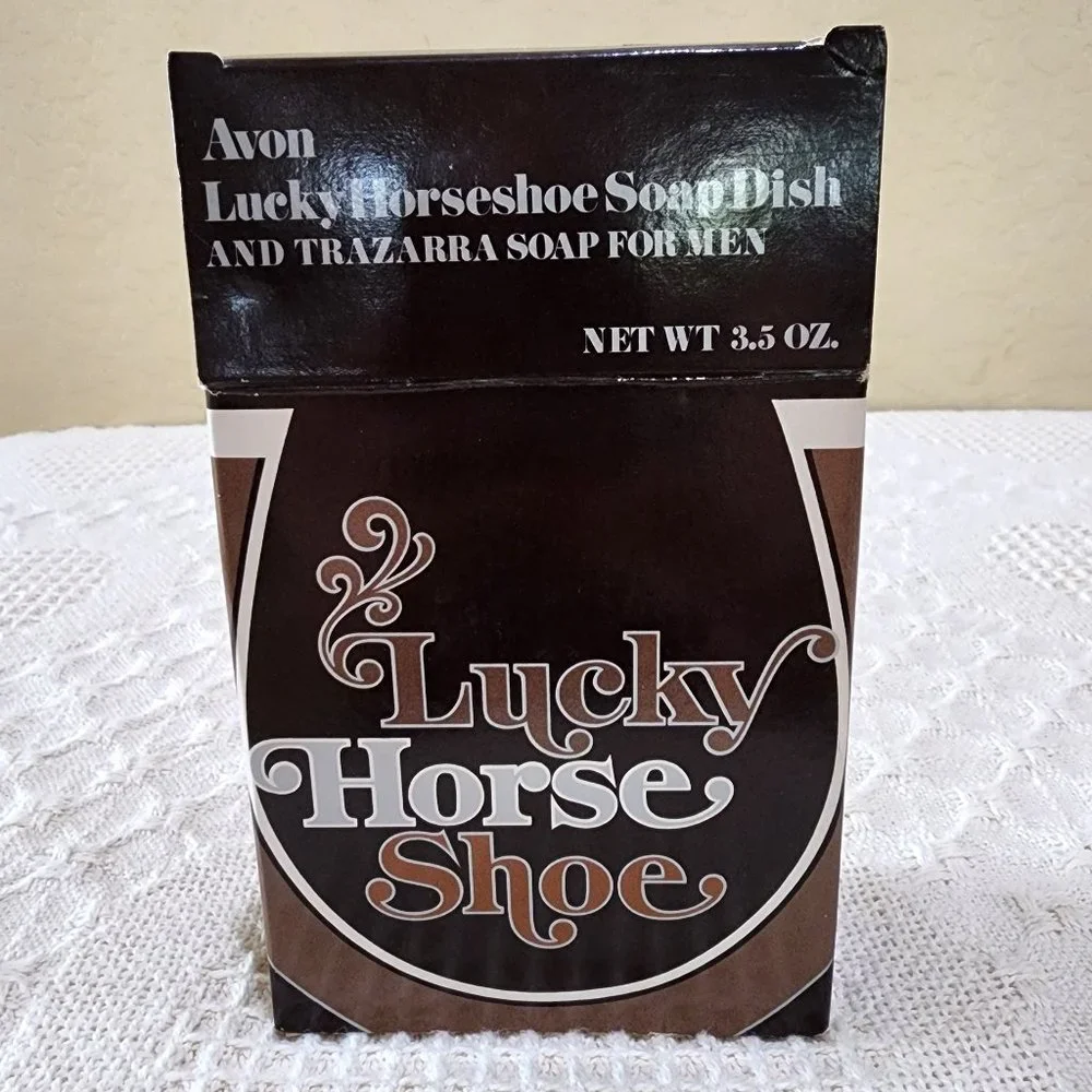 MCM Avon Lucky Horseshoe Glass Soap Dish + Scented Trazarra Horse Bar Soap